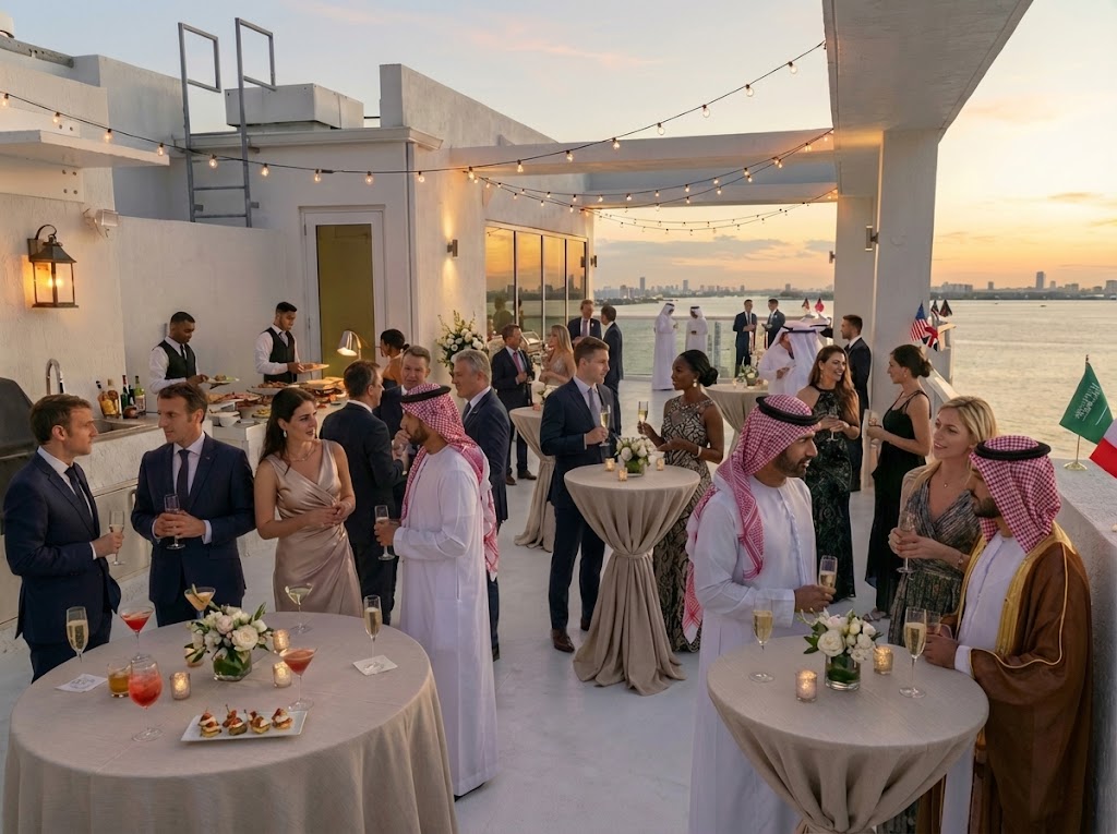 Luxury rooftop event at The Crimson Penthouse Miami with international guests, sunset views over Biscayne Bay, and elegant cocktail party setup